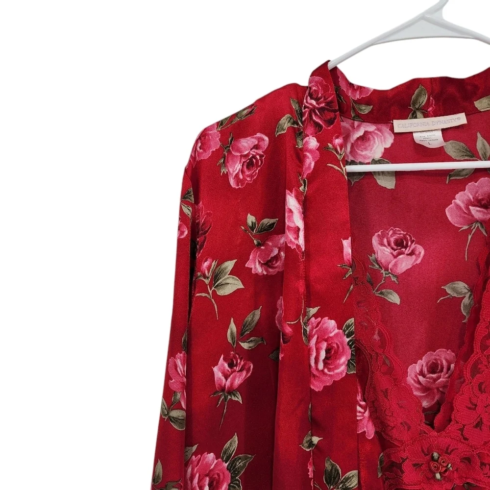 California Dynasty Vintage Women's Floral Robe and Nightgown Set Red Sz L